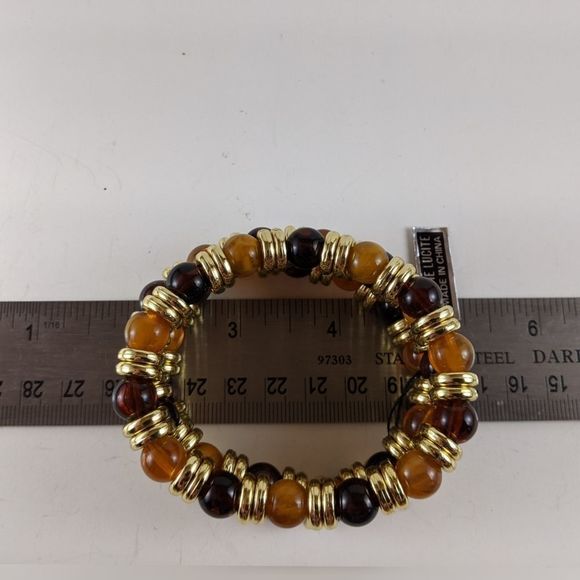 Vintage Lucite 3 Strand Orange Gold Stretch Bracelet NWT - Picture 5 of 7
